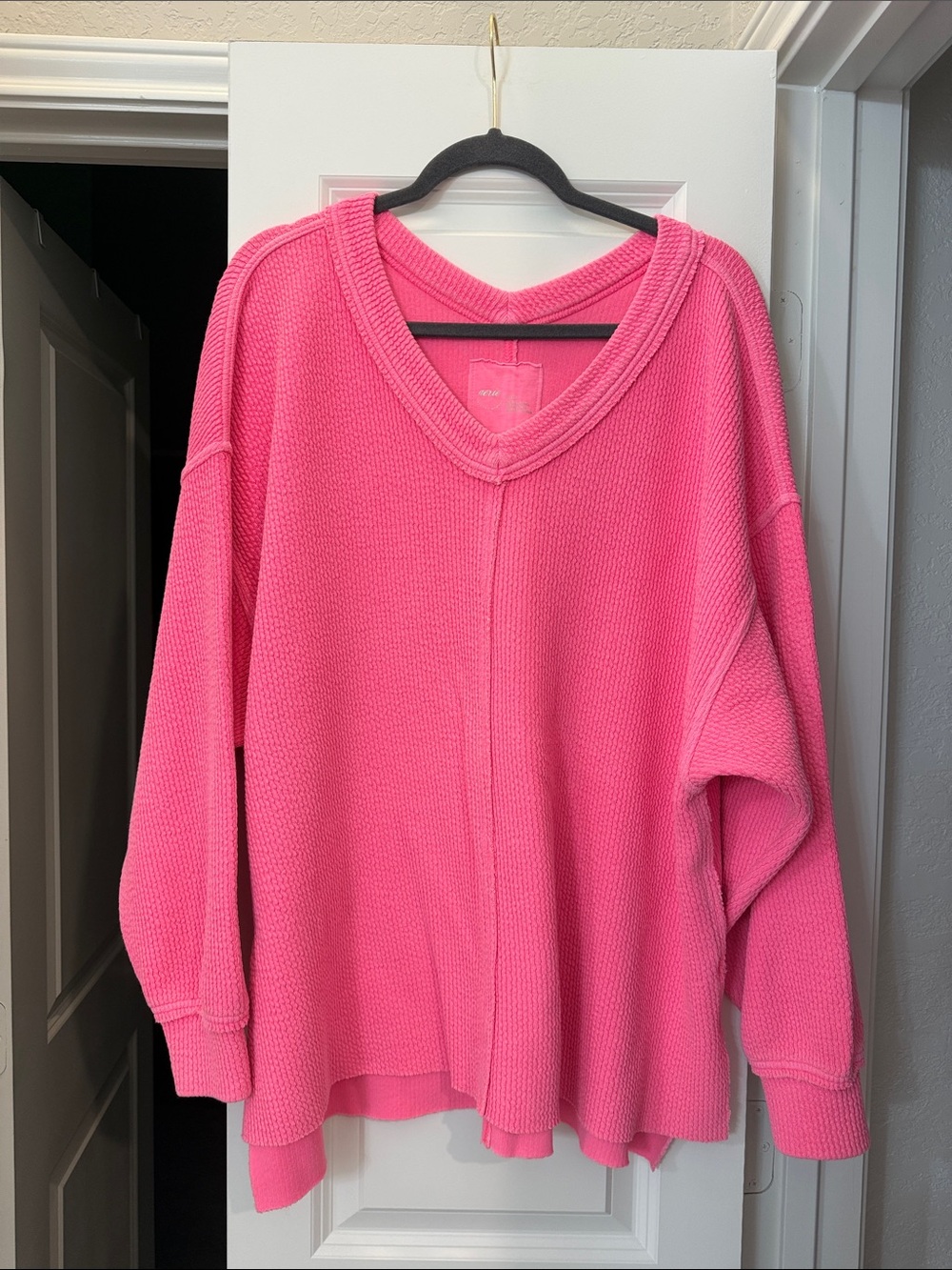 aerie Hot Pink V-Neck Waffle Knit Sweater